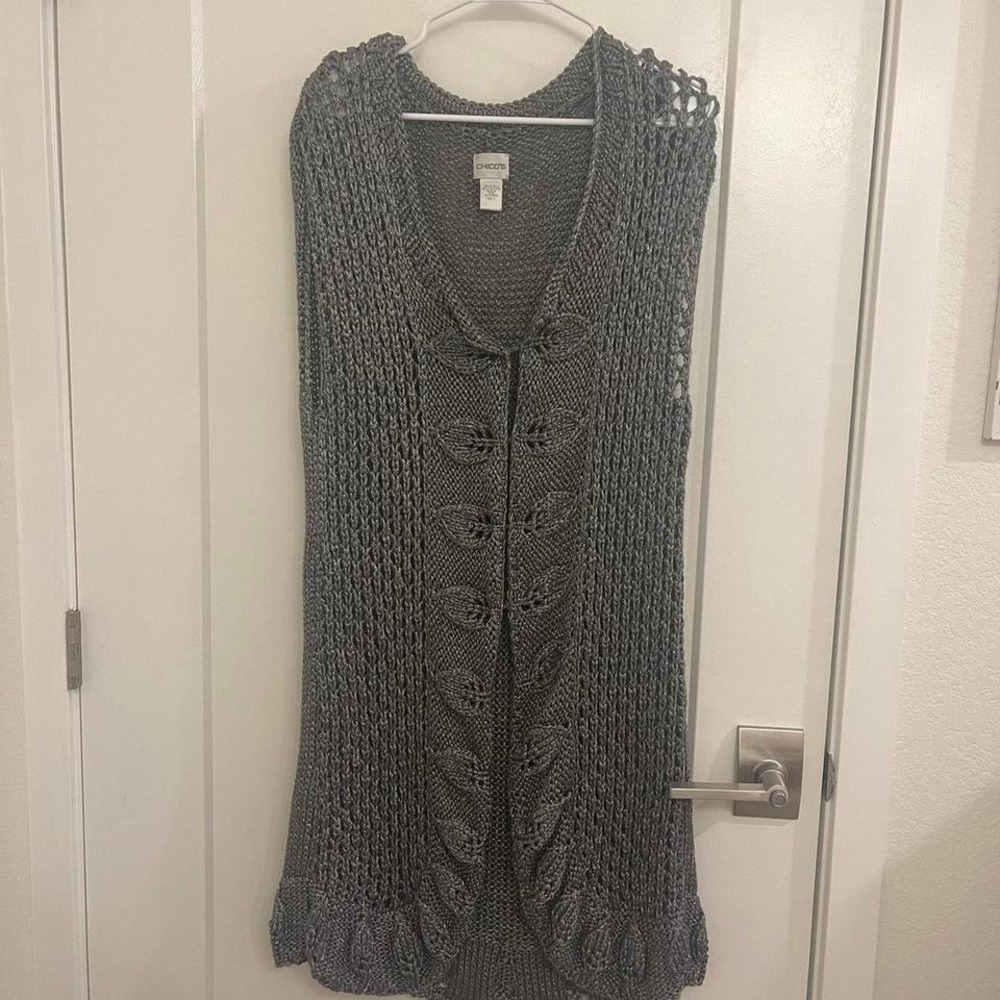 Vintage Whimsigoth Gray Crochet Cardigan Vest Flowy Stevie‎ Nicks Silver